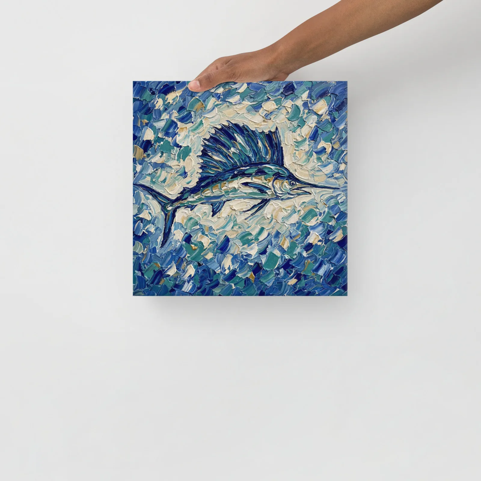 Sailfish Thin Canvas: Impasto Blue Ocean Fish Decor Wall Art, lifestyle front view