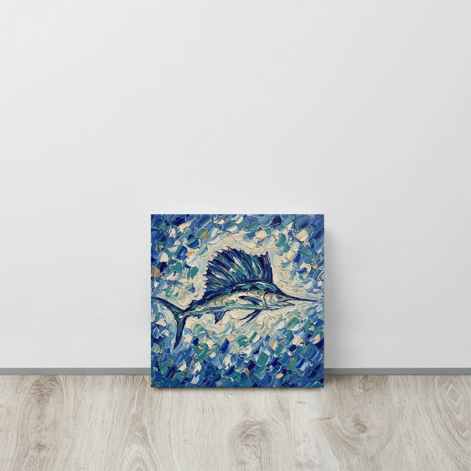 Sailfish Thin Canvas: Impasto Blue Ocean Fish Decor Wall Art, lifestyle 4 front view