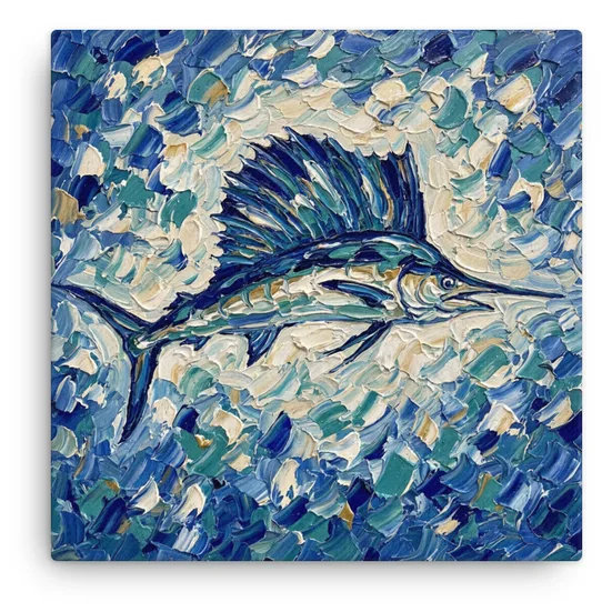 Sailfish Thin Canvas: Impasto Blue Ocean Fish Decor Wall Art, product mockup