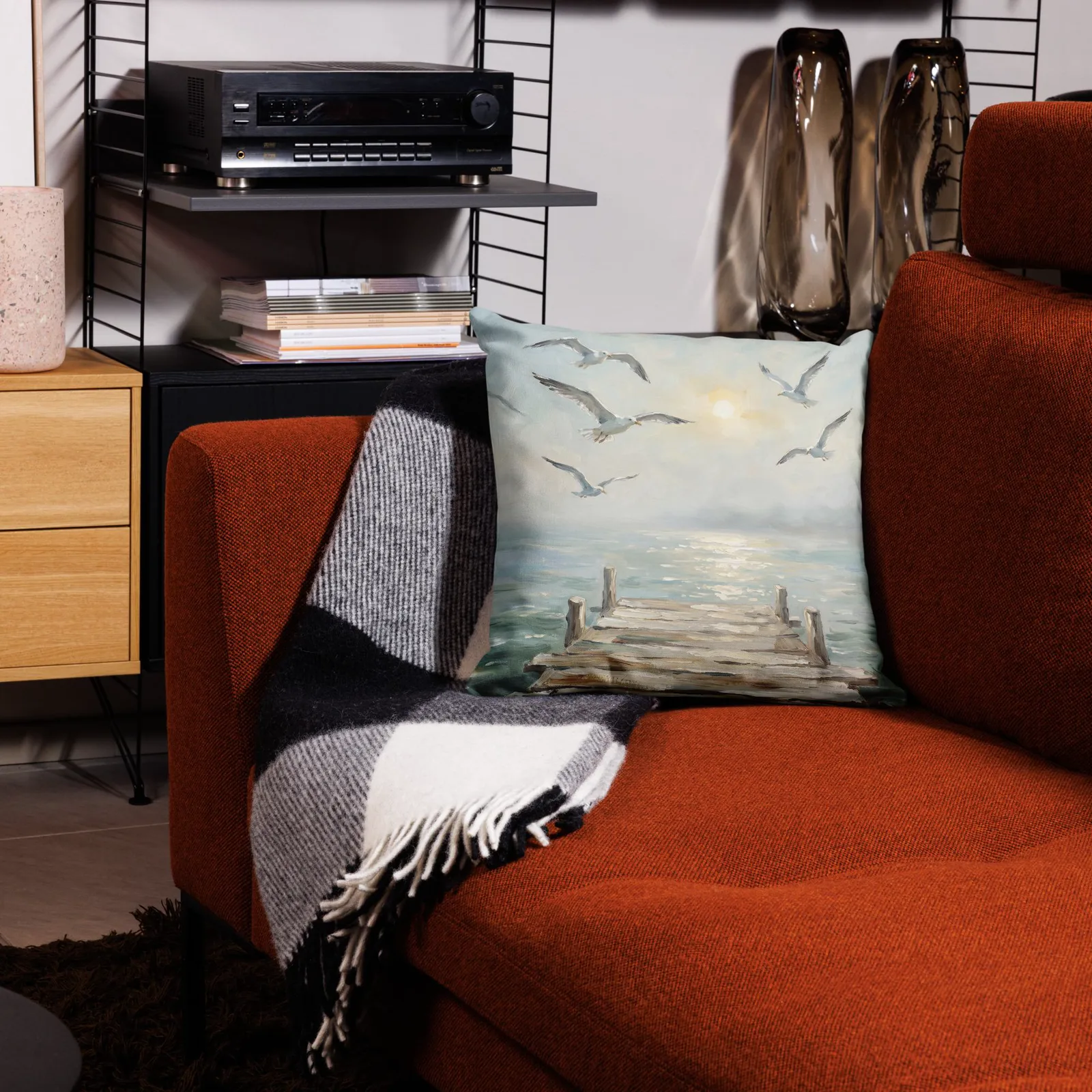 Salt Air and Seagulls Throw Pillow: Serene Coastal Pier Decor Cushion, photo 8