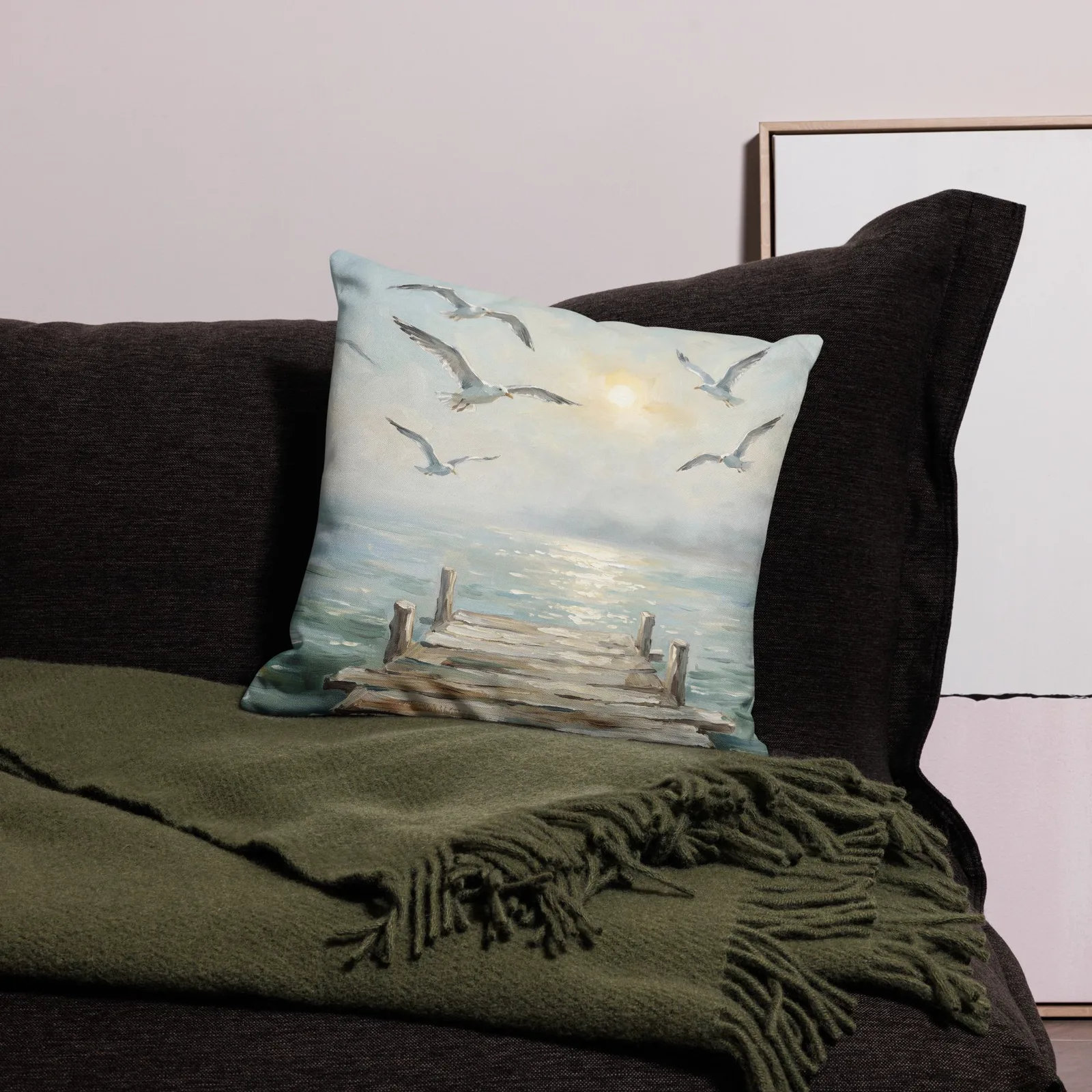 Salt Air and Seagulls Throw Pillow: Serene Coastal Pier Decor Cushion, photo 6