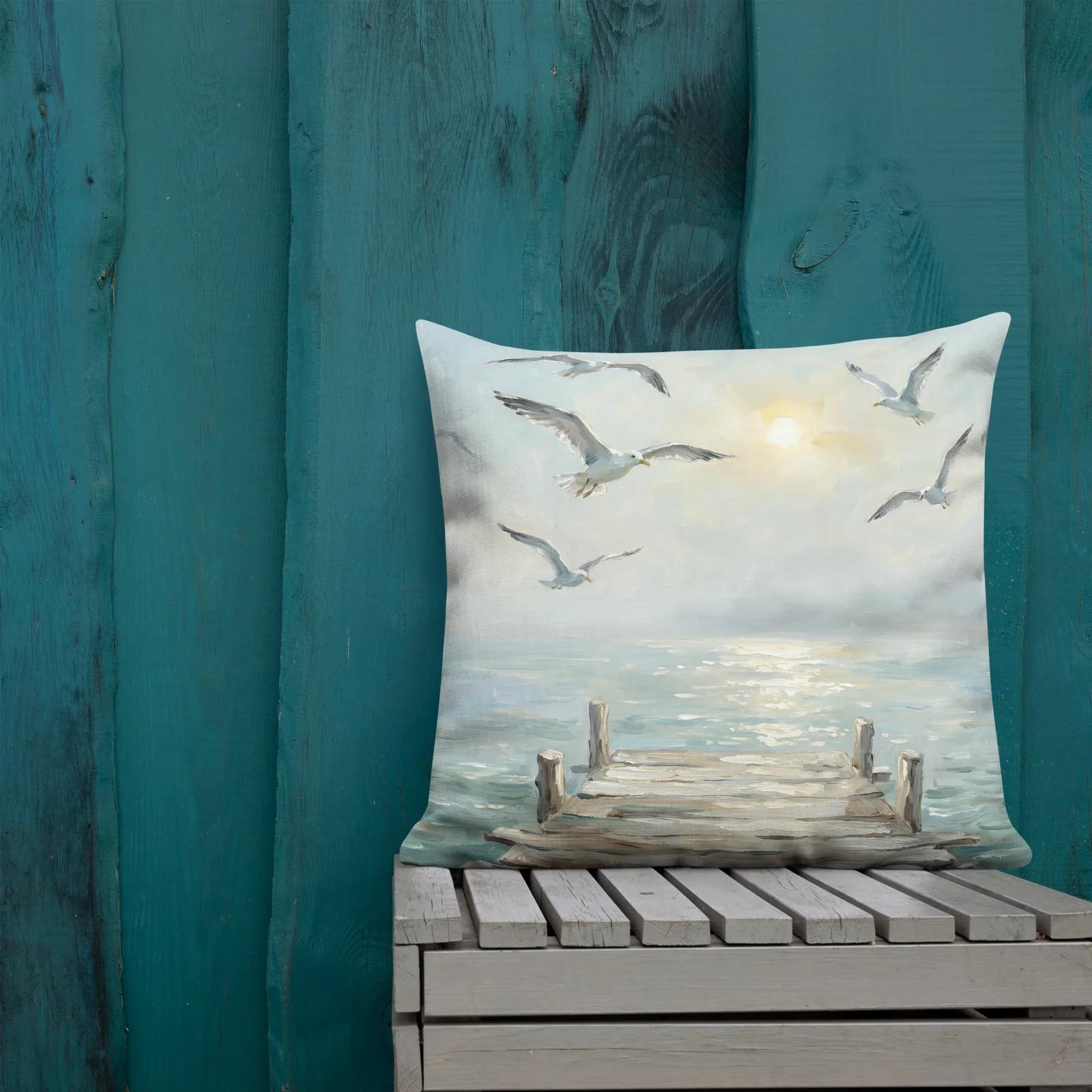 Salt Air and Seagulls Throw Pillow: Serene Coastal Pier Decor Cushion, photo 4