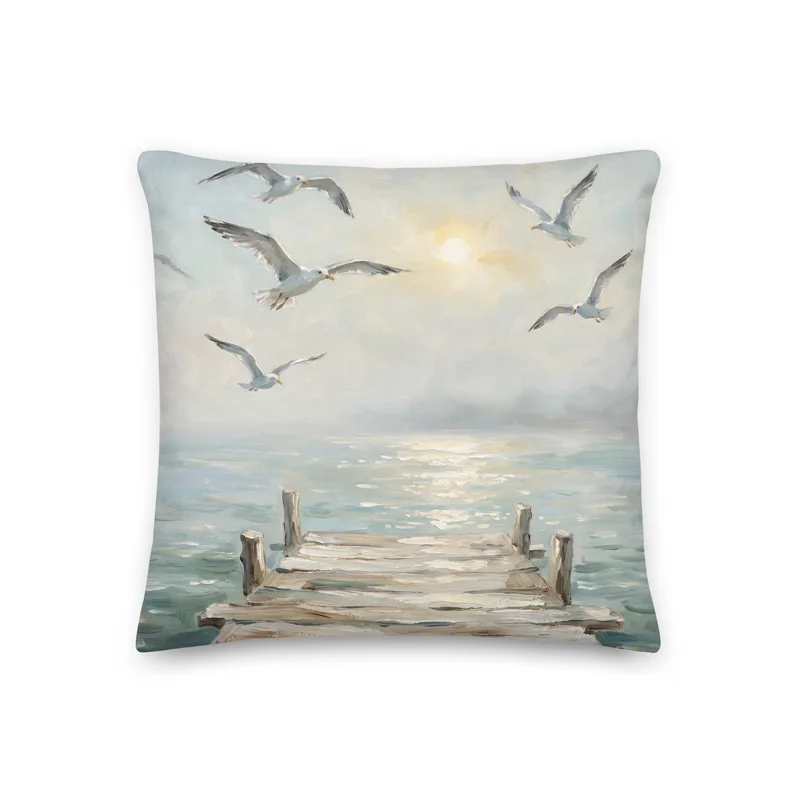 Salt Air and Seagulls Throw Pillow: Serene Coastal Pier Decor Cushion