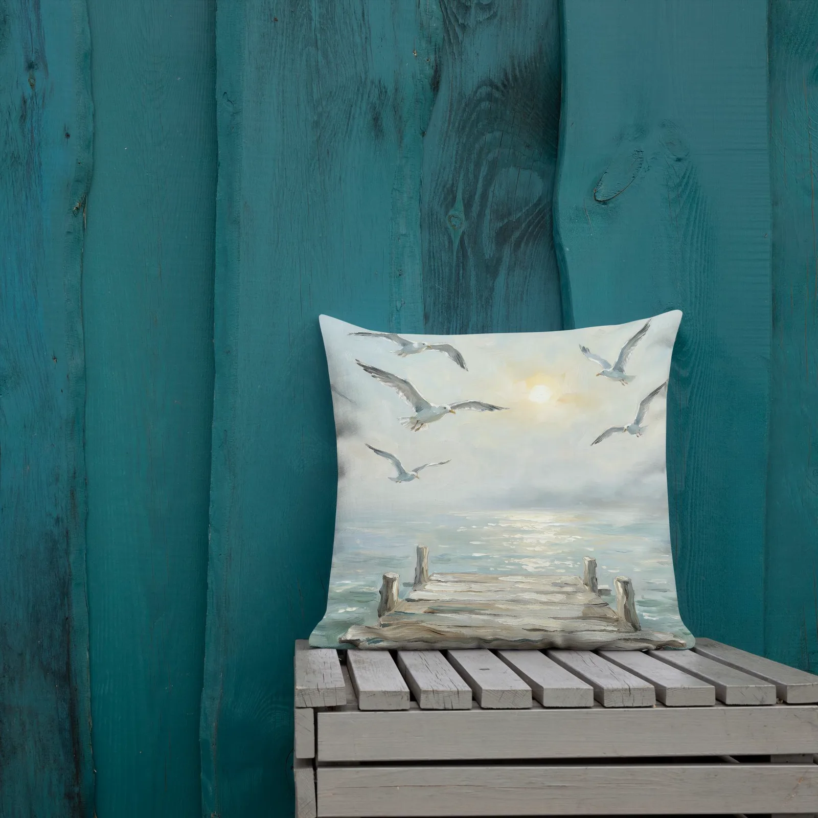 Salt Air and Seagulls Throw Pillow: Serene Coastal Pier Decor Cushion, photo 5