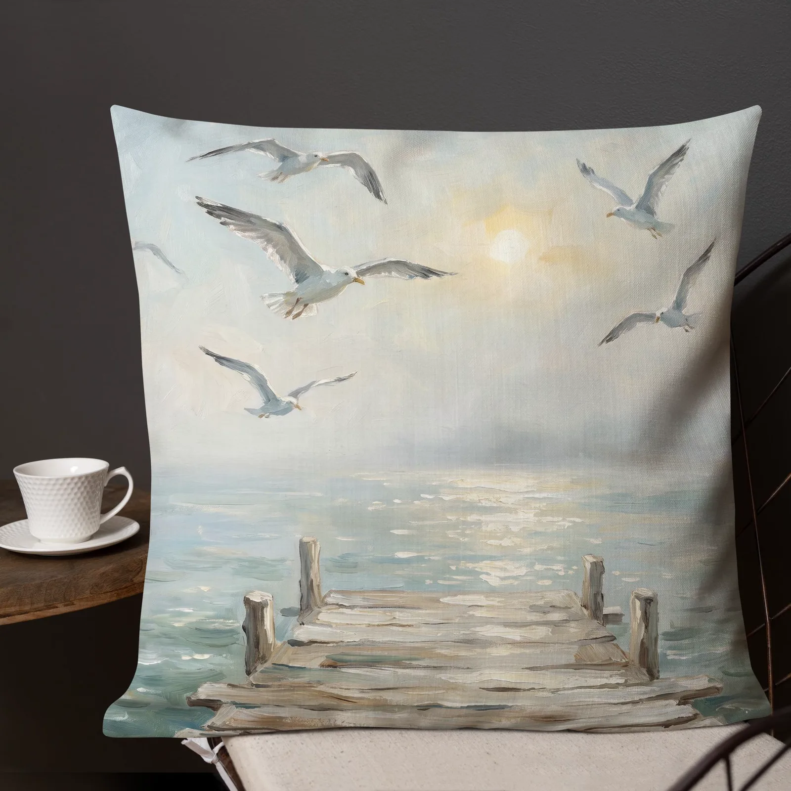 Salt Air and Seagulls Throw Pillow: Serene Coastal Pier Decor Cushion, photo 2