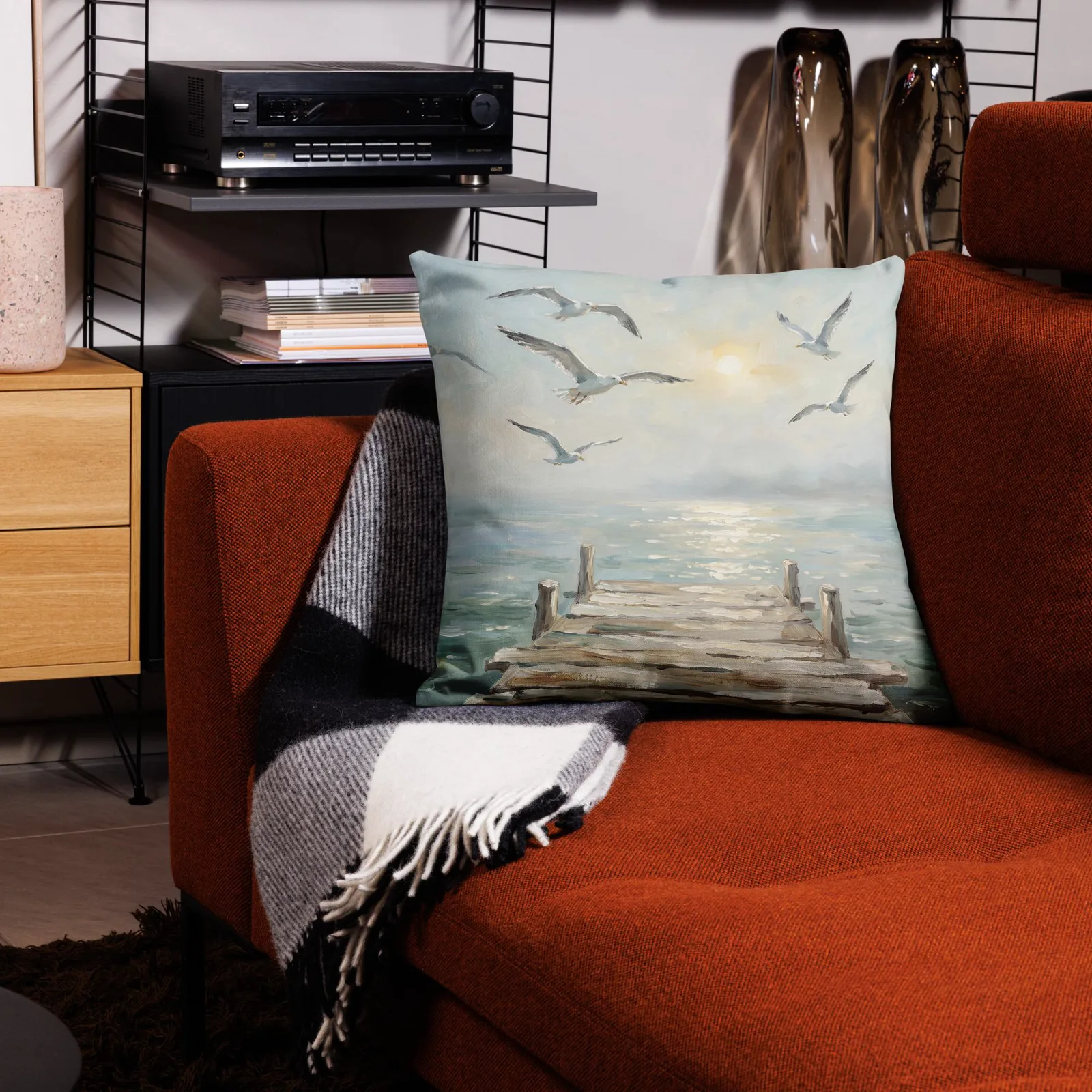 Salt Air and Seagulls Throw Pillow: Serene Coastal Pier Decor Cushion, photo 9