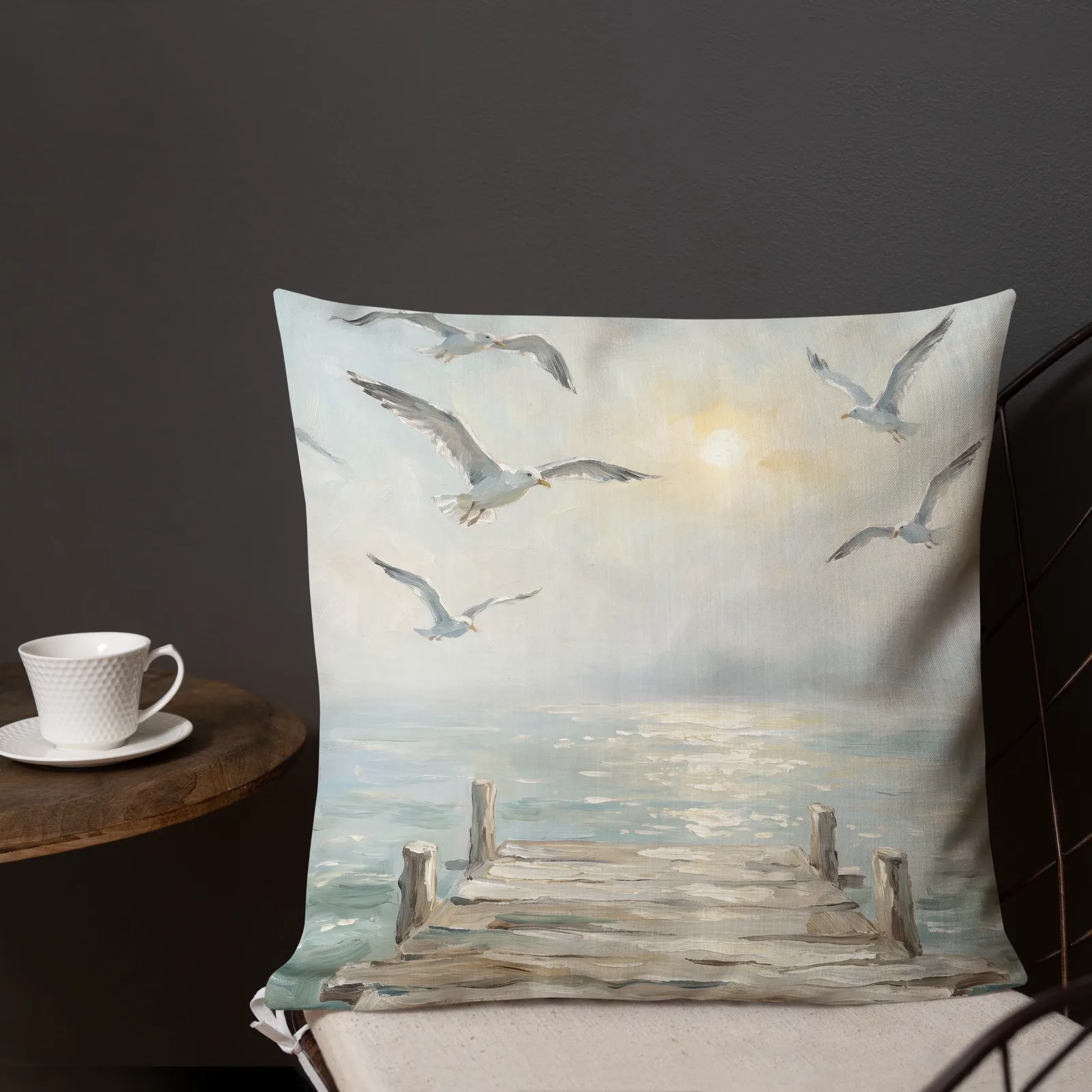 Salt Air and Seagulls Throw Pillow: Serene Coastal Pier Decor Cushion, photo 3