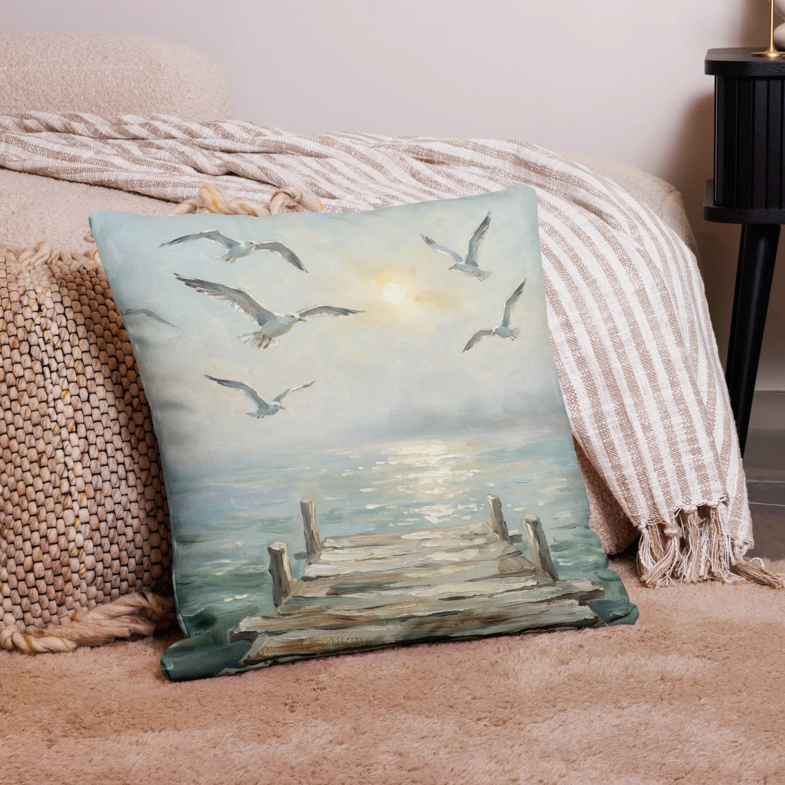 Salt Air and Seagulls Throw Pillow: Serene Coastal Pier Decor Cushion, photo 10