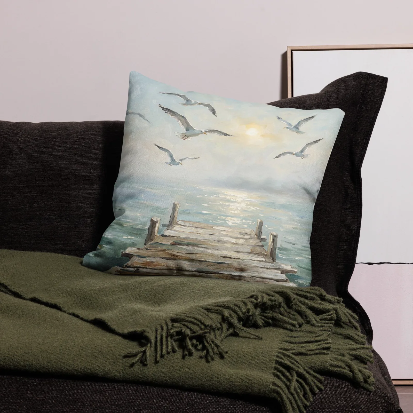 Salt Air and Seagulls Throw Pillow: Serene Coastal Pier Decor Cushion, photo 7