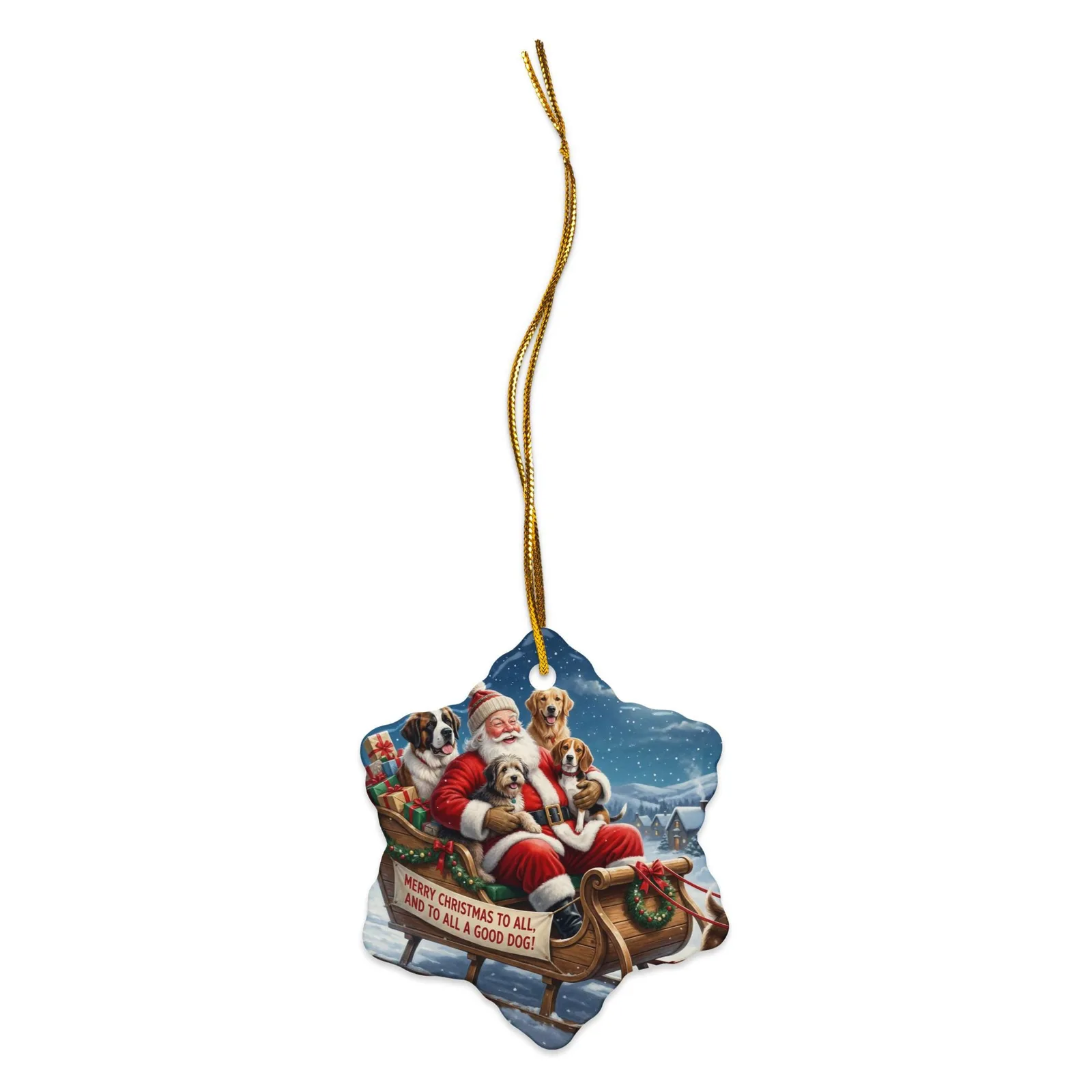 Santa & Dogs Christmas Ornament – Ceramic Snowflake-Shaped, photo 4