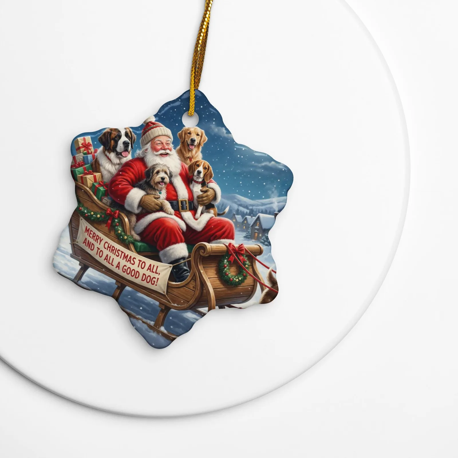 Santa & Dogs Christmas Ornament – Ceramic Snowflake-Shaped, photo 3