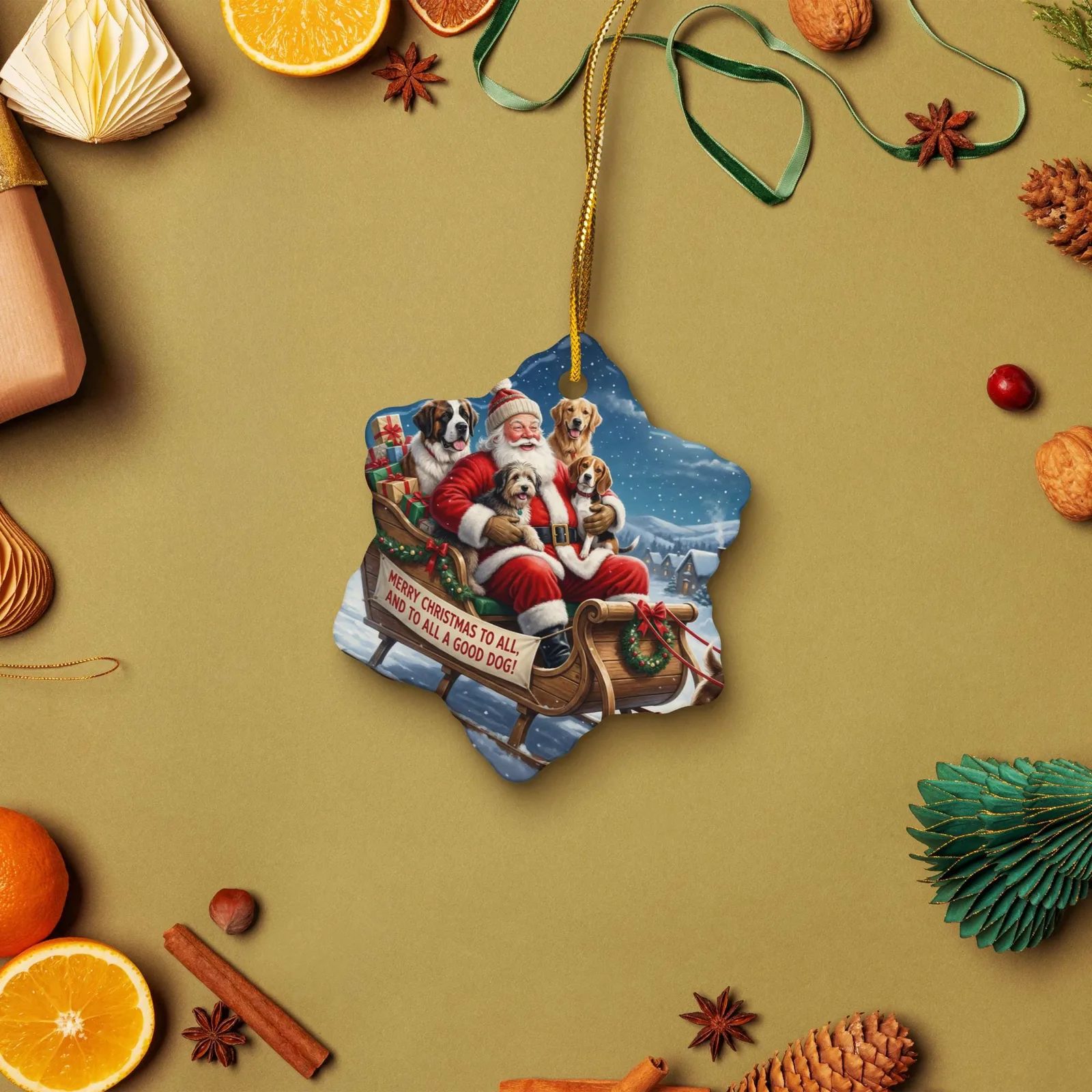 Santa & Dogs Christmas Ornament – Ceramic Snowflake-Shaped, photo 5