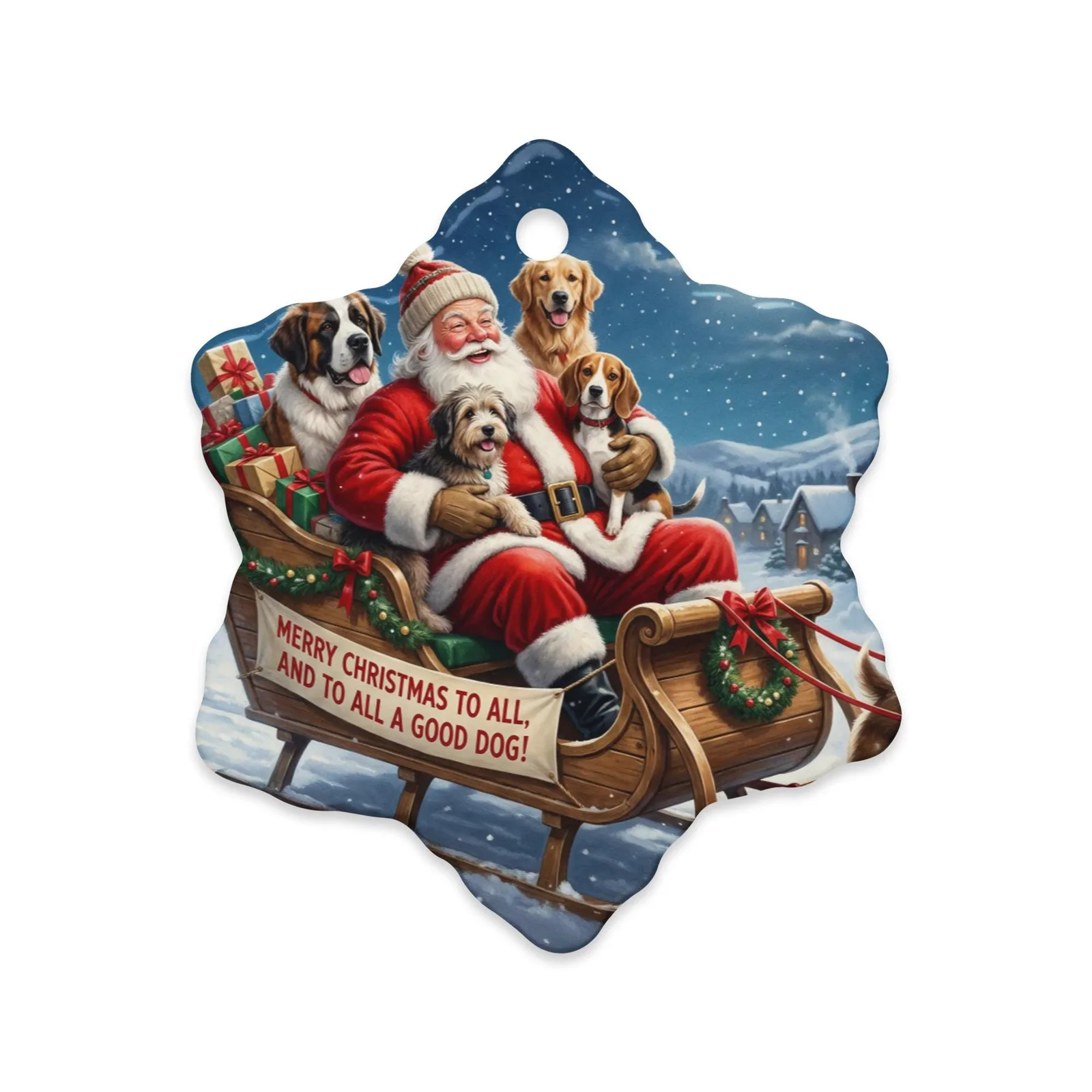 Santa & Dogs Christmas Ornament – Ceramic Snowflake-Shaped, photo 2