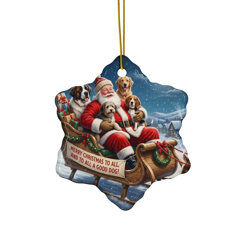 Santa & Dogs Christmas Ornament – Ceramic Snowflake-Shaped