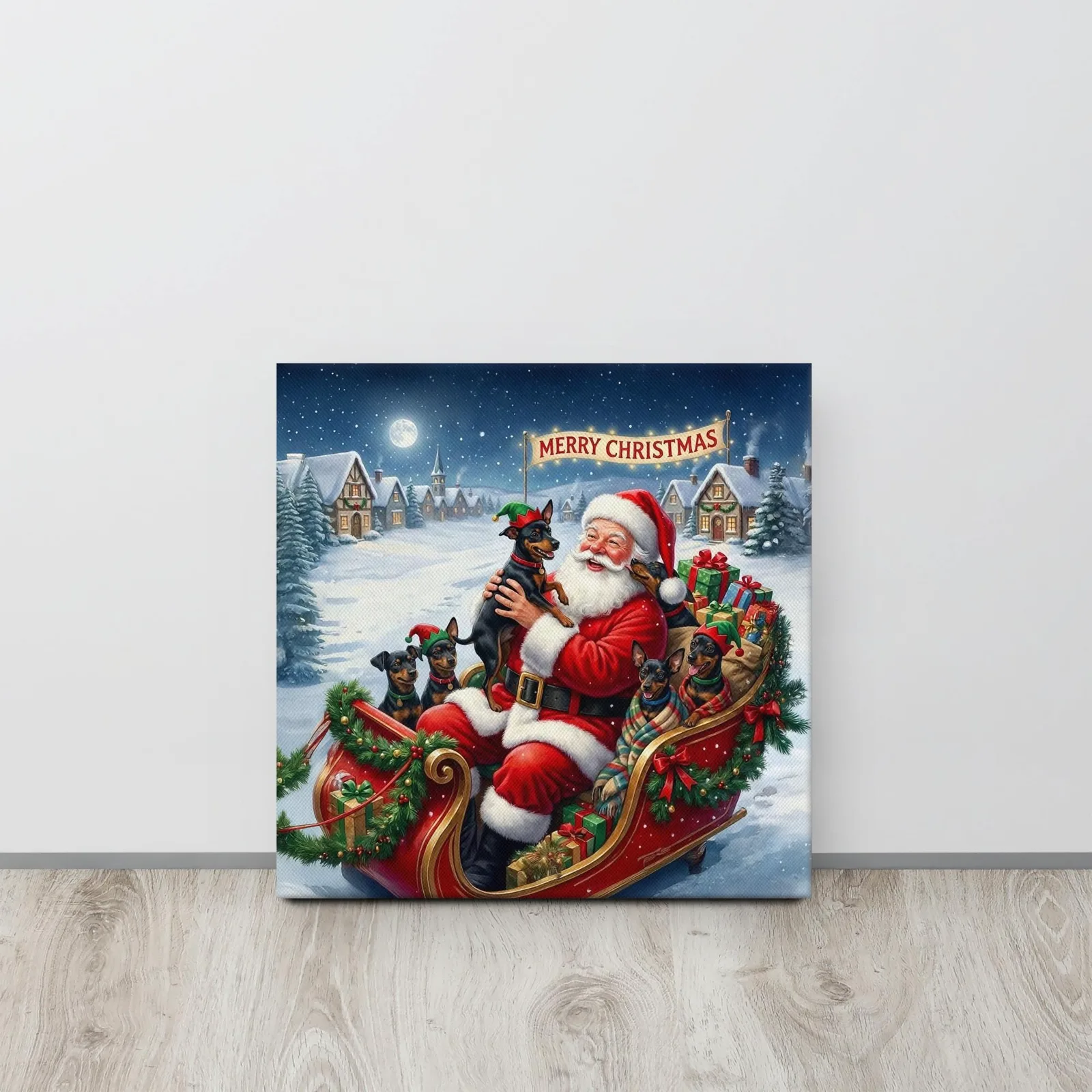 Santa & His Min Pin Helpers Christmas Canvas: Festive Holiday Wall Art for Dog Lovers, photo 5