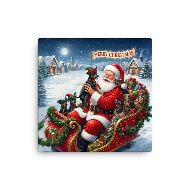 Santa & His Min Pin Helpers Christmas Canvas: Festive Holiday Wall Art for Dog Lovers