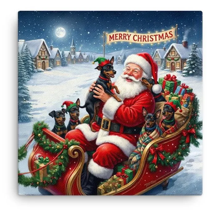 Santa & His Min Pin Helpers Christmas Canvas: Festive Holiday Wall Art for Dog Lovers