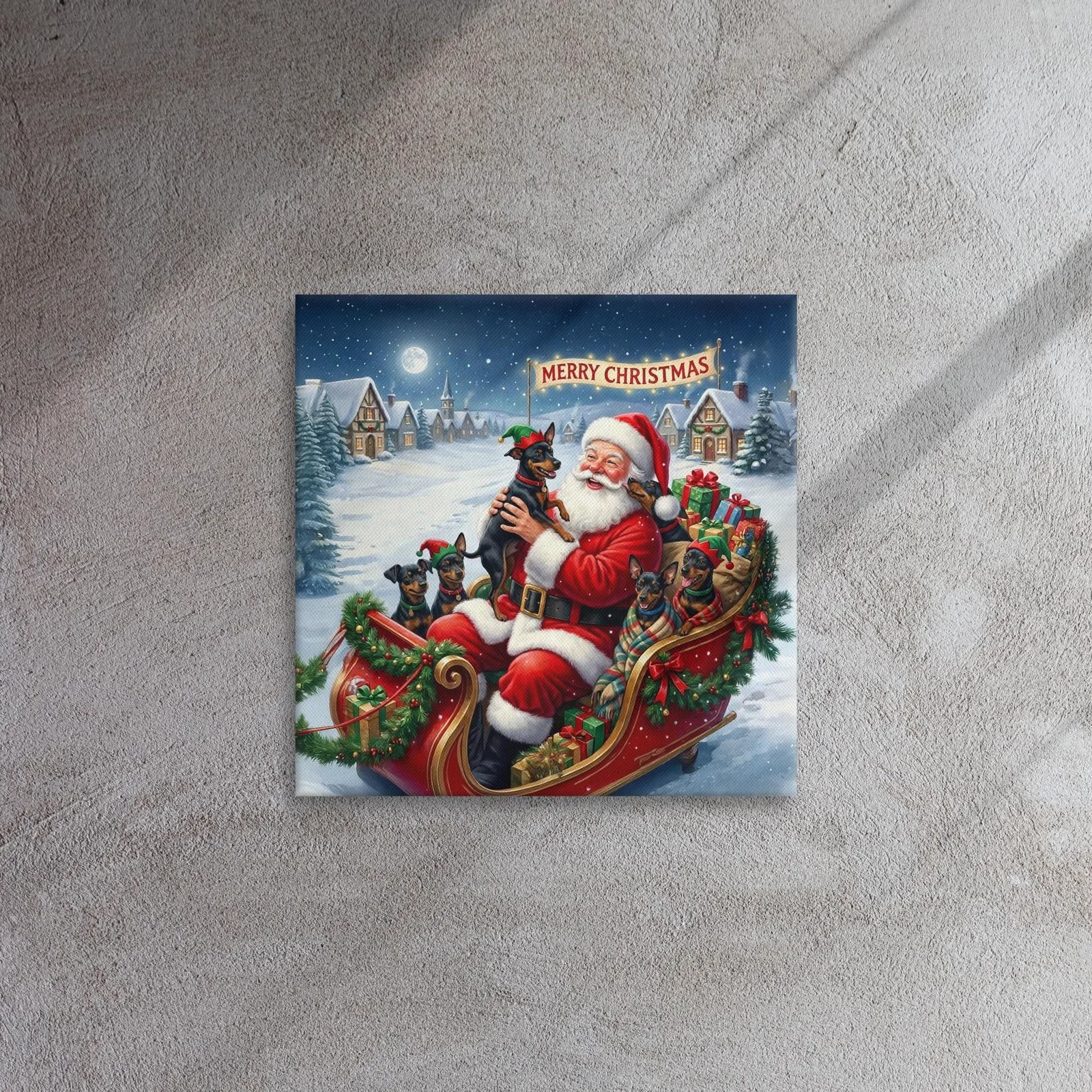 Santa & His Min Pin Helpers Christmas Canvas: Festive Holiday Wall Art for Dog Lovers, photo 4