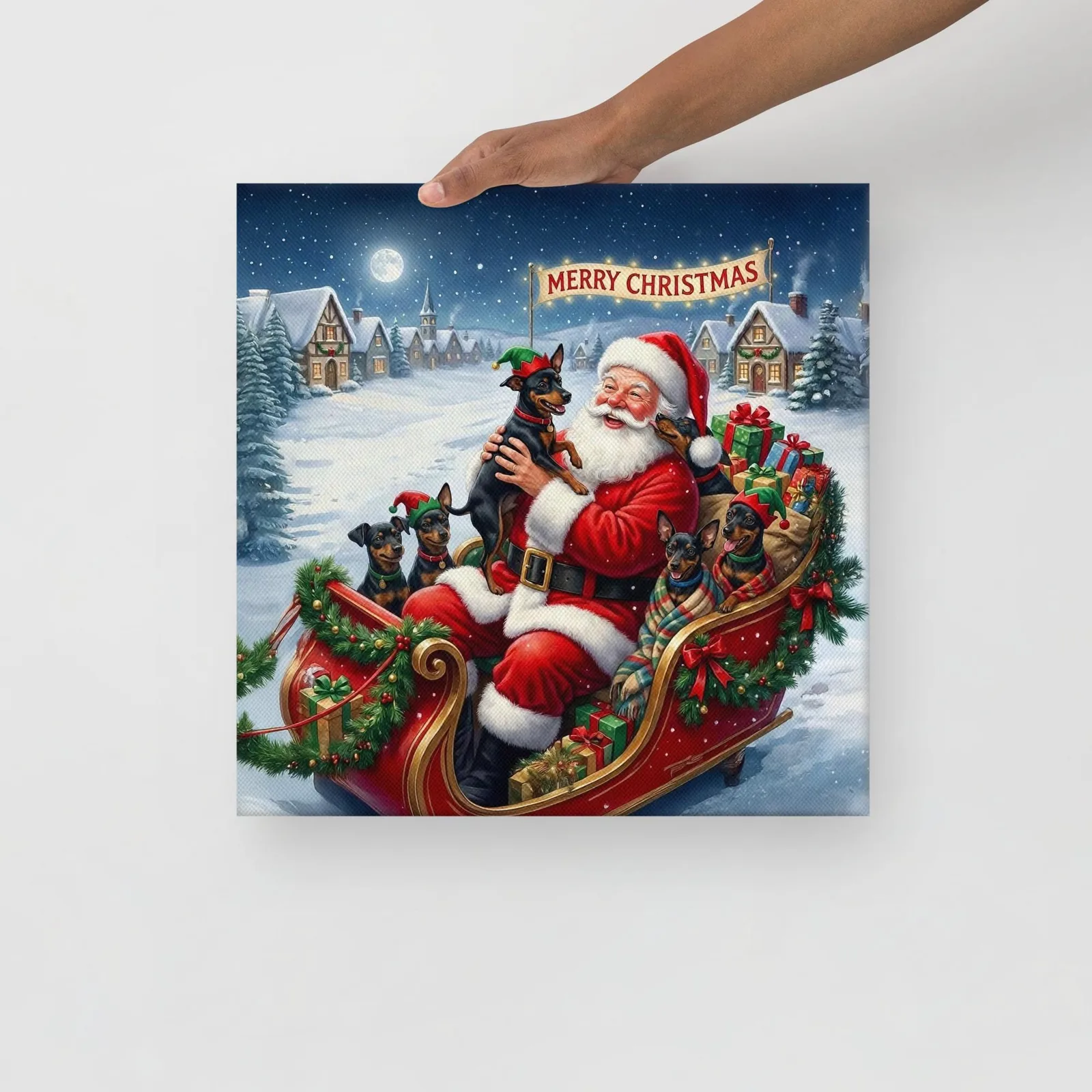Santa & His Min Pin Helpers Christmas Canvas: Festive Holiday Wall Art for Dog Lovers, photo 3