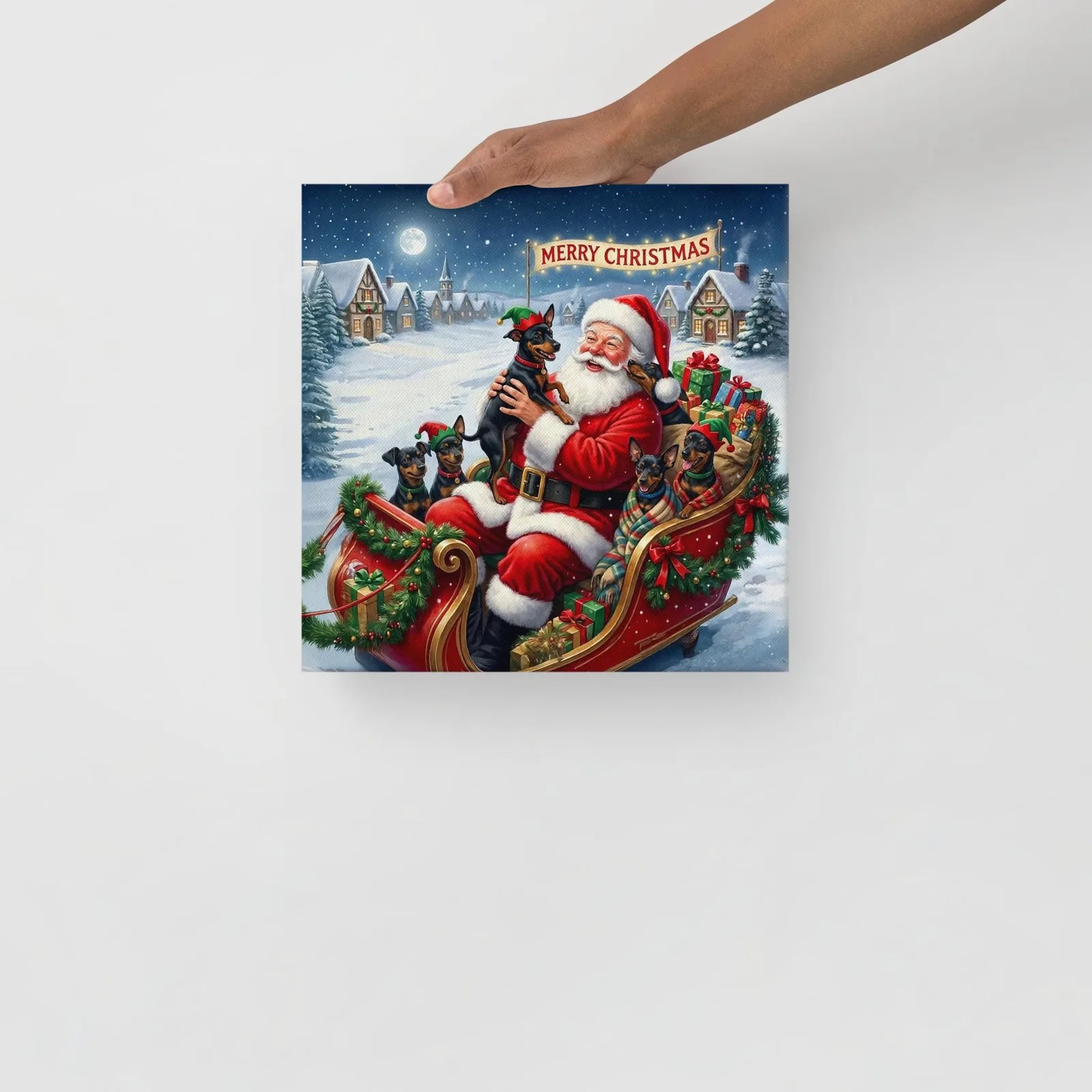 Santa & His Min Pin Helpers Christmas Canvas: Festive Holiday Wall Art for Dog Lovers, photo 2