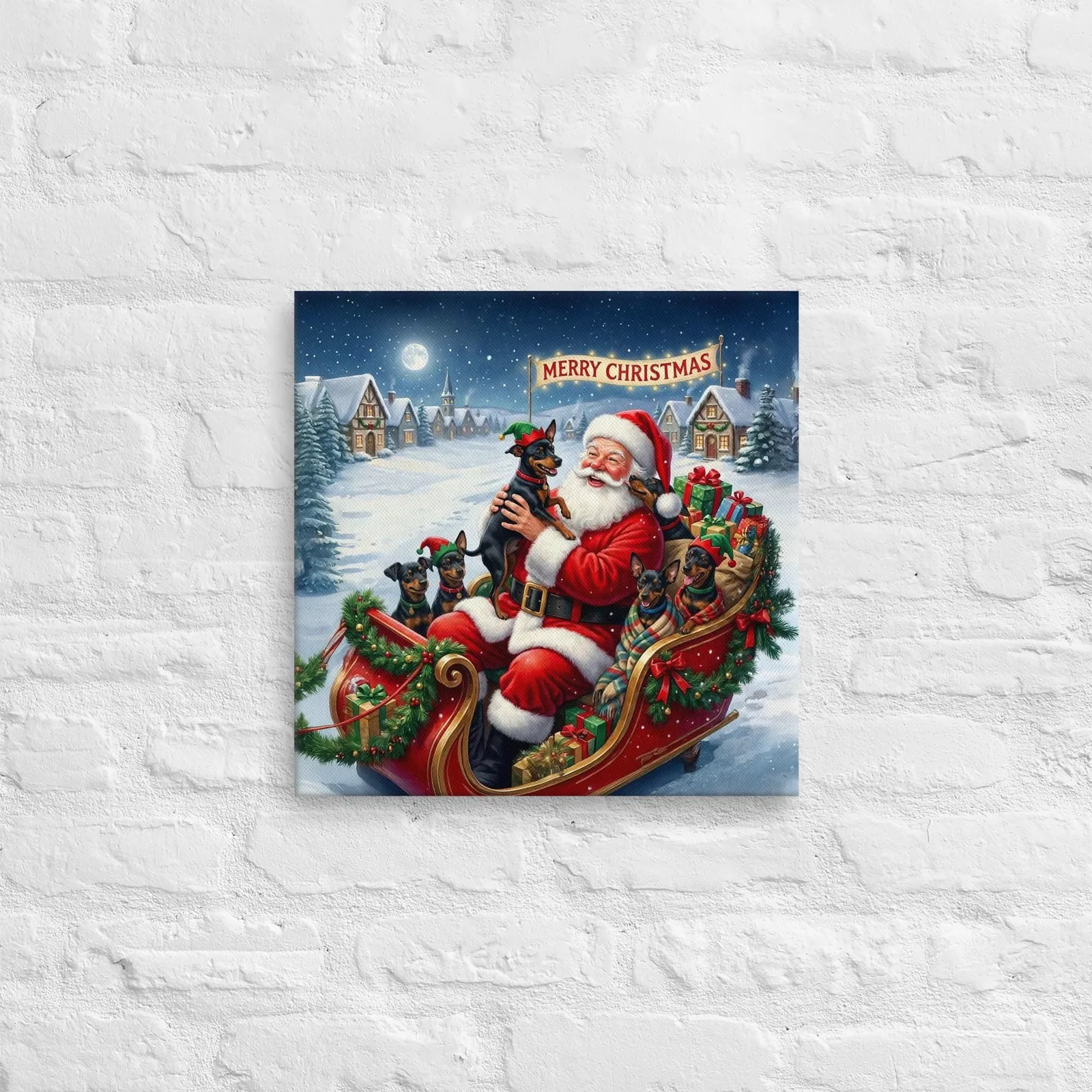 Santa & His Min Pin Helpers Christmas Canvas: Festive Holiday Wall Art for Dog Lovers, photo 6