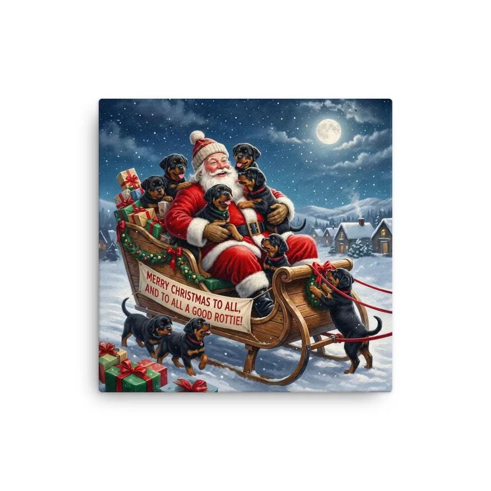 Santa & His Rottie Helpers Thin Canvas: Christmas Dog Lover Wall Art