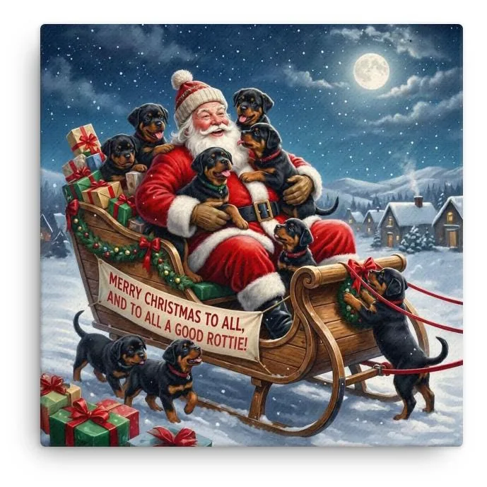 Santa & His Rottie Helpers Thin Canvas: Christmas Dog Lover Wall Art