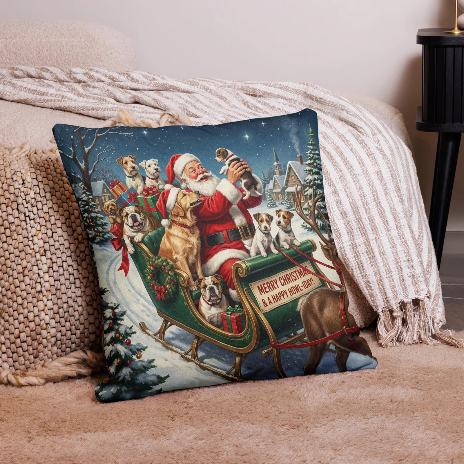 Santa’s Christmas Dog Sleigh Throw Pillow: Festive Holiday Decor for Dog Lovers, photo 4