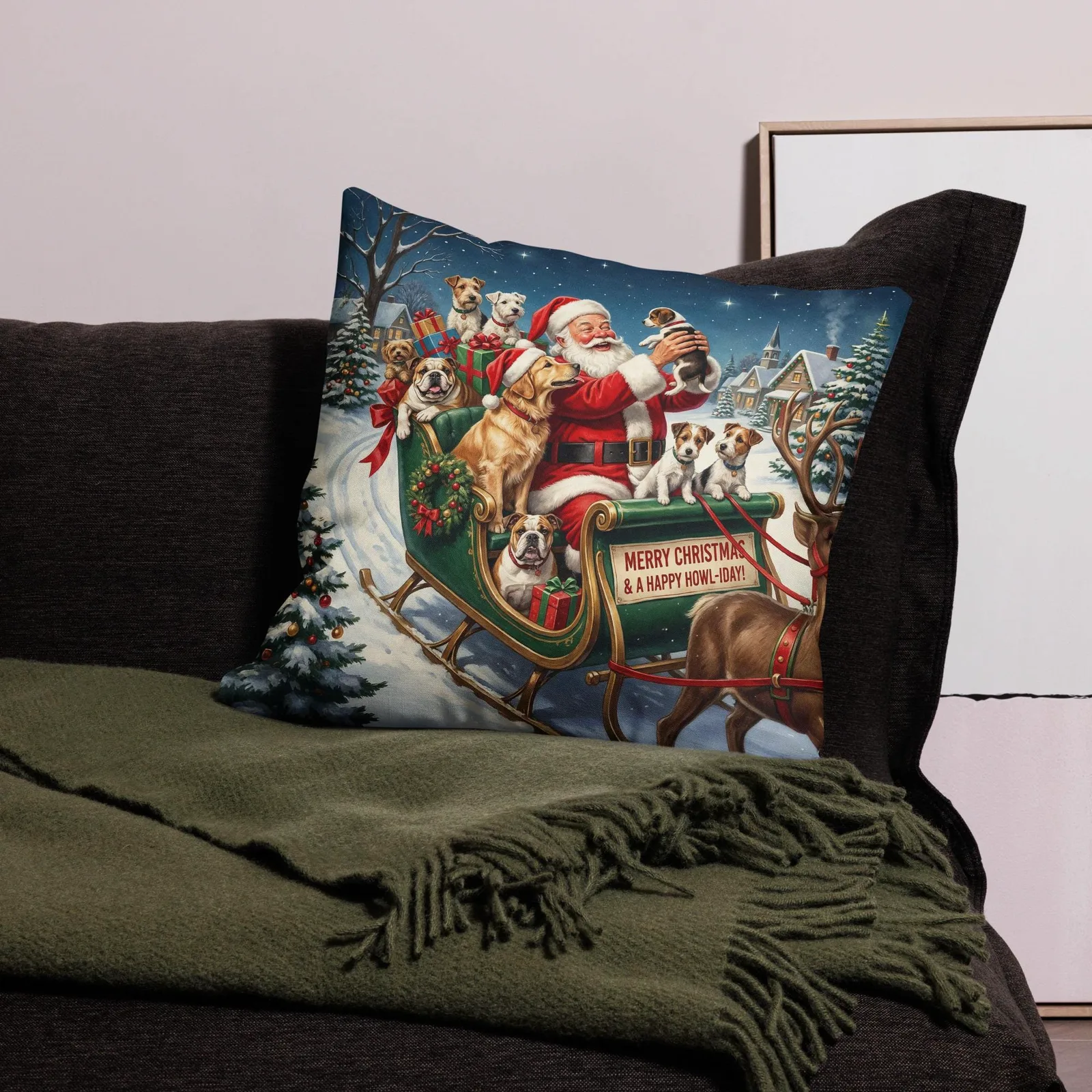 Santa’s Christmas Dog Sleigh Throw Pillow: Festive Holiday Decor for Dog Lovers, photo 5