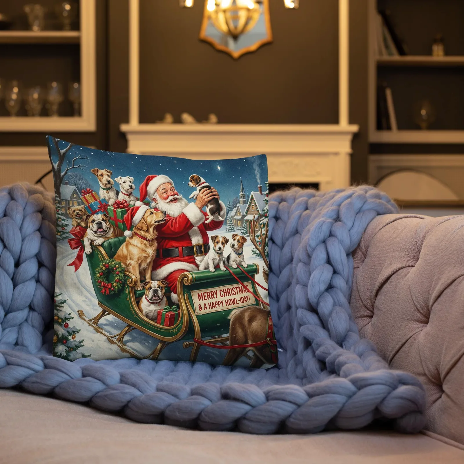 Santa’s Christmas Dog Sleigh Throw Pillow: Festive Holiday Decor for Dog Lovers, photo 7