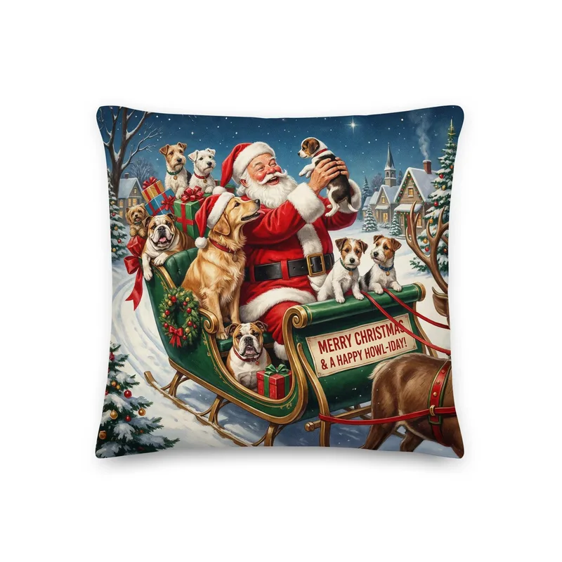 Santa’s Christmas Dog Sleigh Throw Pillow: Festive Holiday Decor for Dog Lovers