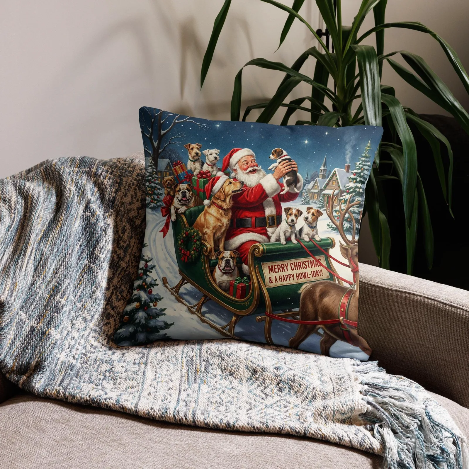 Santa’s Christmas Dog Sleigh Throw Pillow: Festive Holiday Decor for Dog Lovers, photo 2