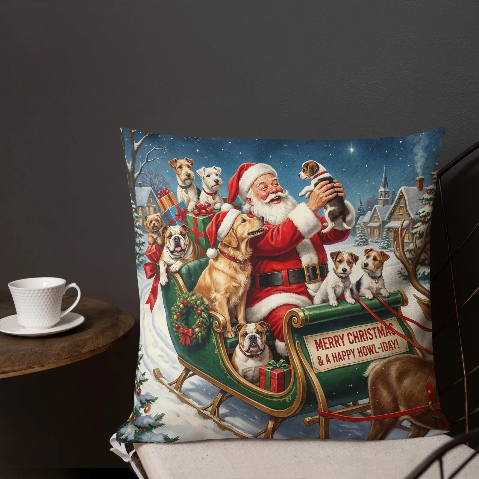 Santa’s Christmas Dog Sleigh Throw Pillow: Festive Holiday Decor for Dog Lovers, photo 10