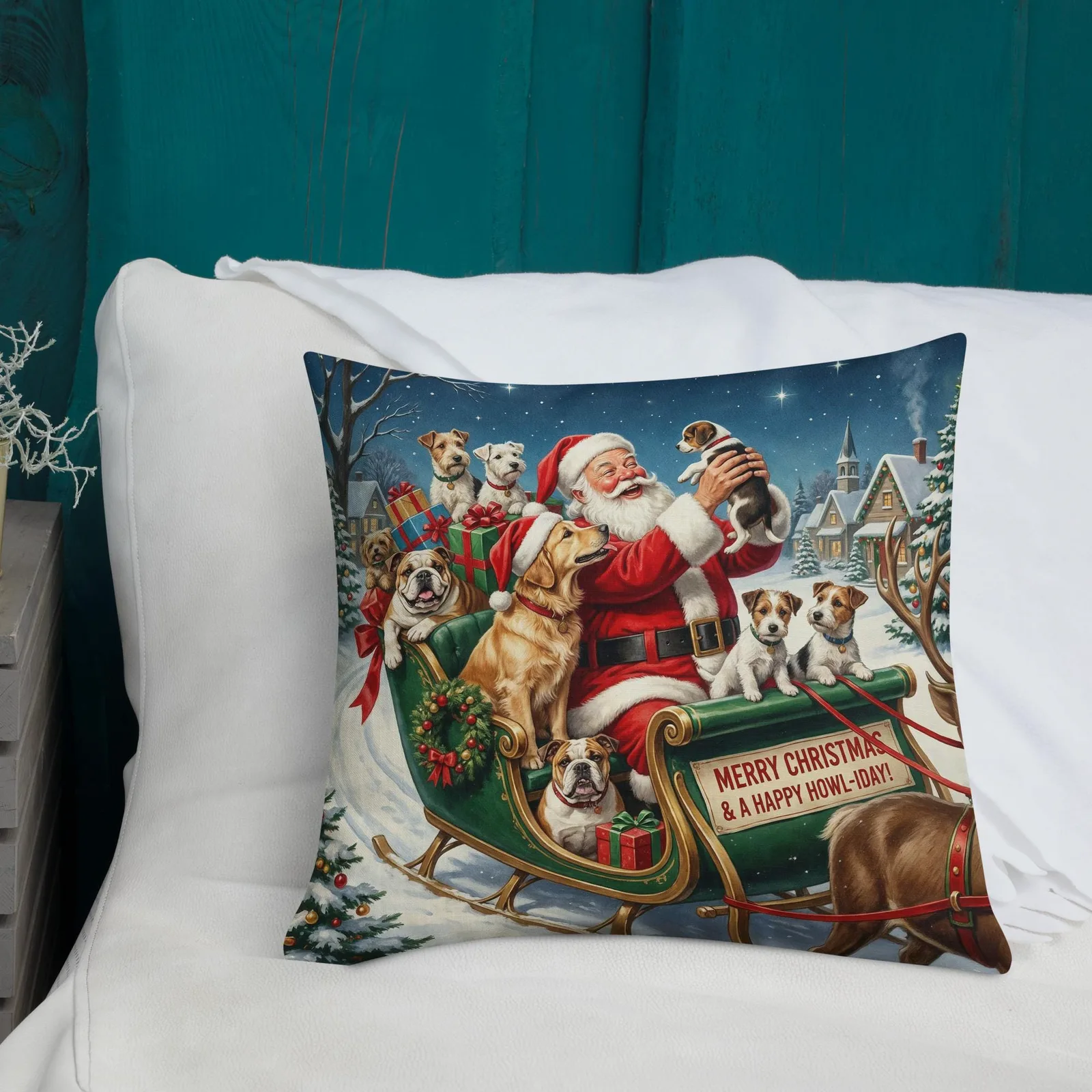 Santa’s Christmas Dog Sleigh Throw Pillow: Festive Holiday Decor for Dog Lovers, photo 8