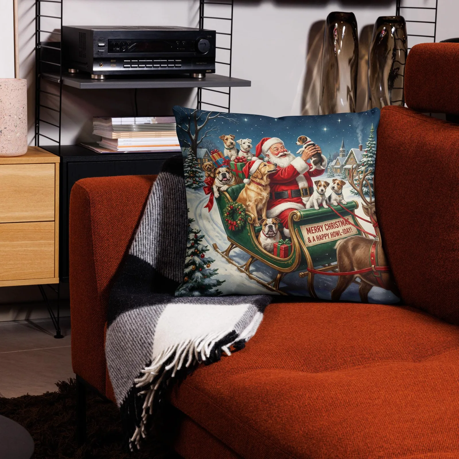 Santa’s Christmas Dog Sleigh Throw Pillow: Festive Holiday Decor for Dog Lovers, photo 3
