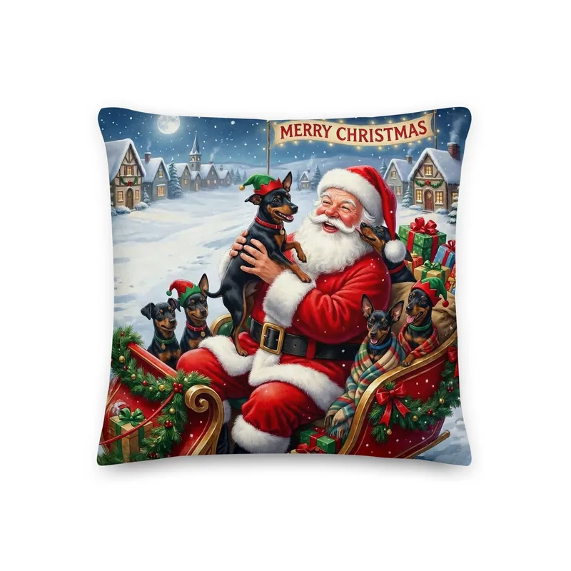 Santa’s Merry Min Pin Pillow: Festive Christmas Dog Lover Decor