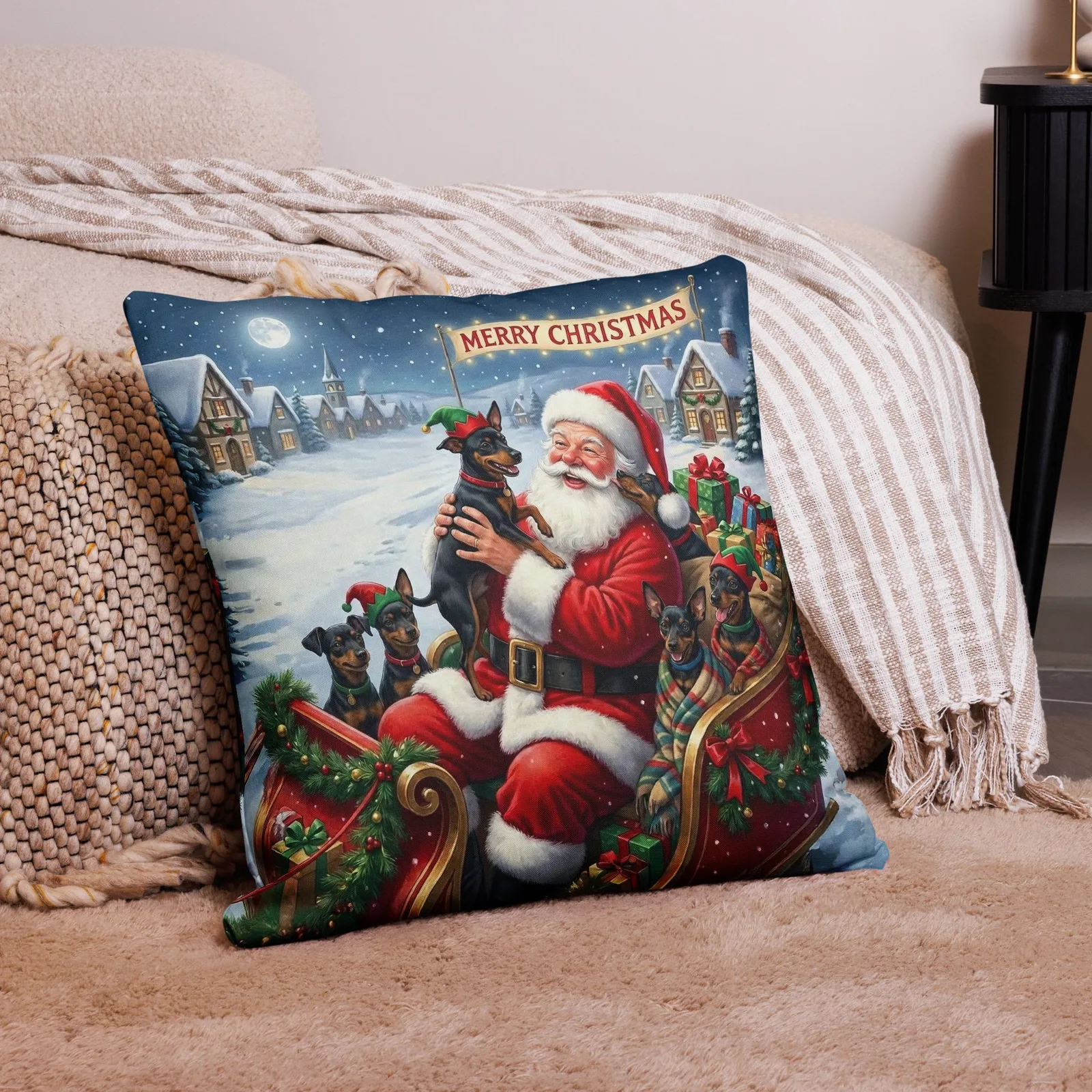 Santa’s Merry Min Pin Pillow: Festive Christmas Dog Lover Decor, photo 3