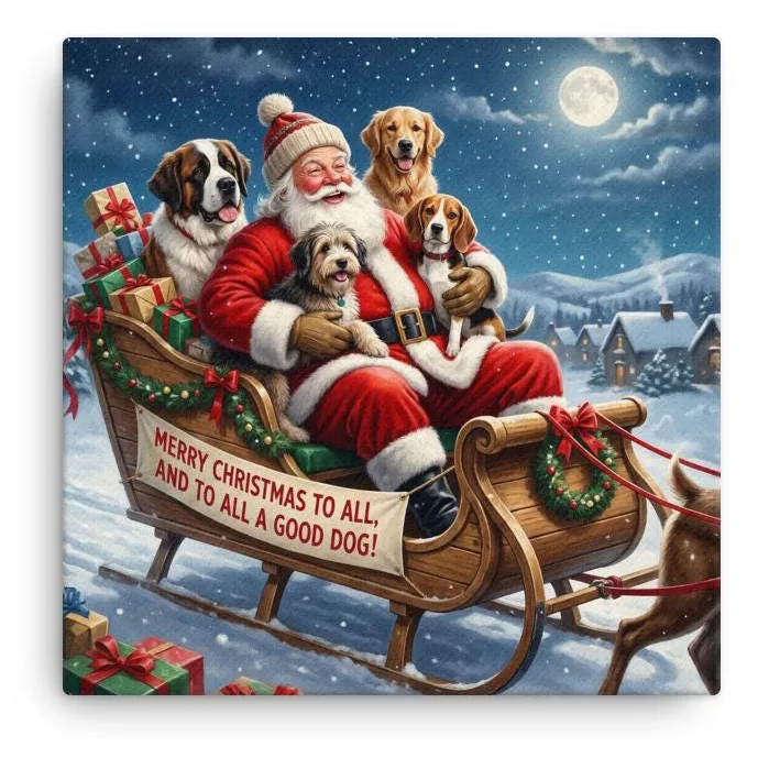 Santa With Dogs Christmas Canvas: Cheerful Holiday Wall Art for Dog Lovers