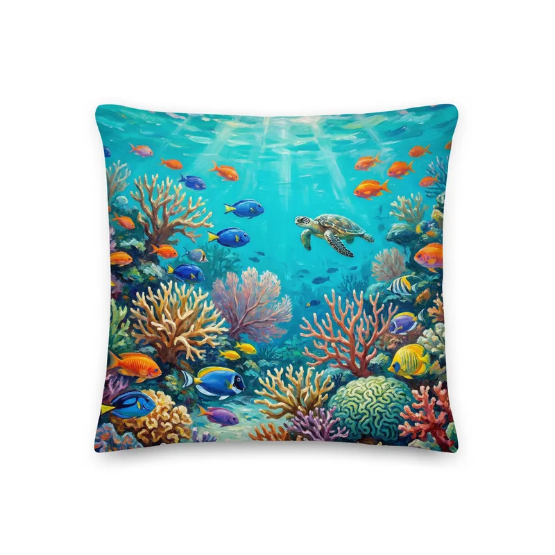 Sea Turtle Coral Reef Throw Pillow: Colorful Ocean Decor Cushion