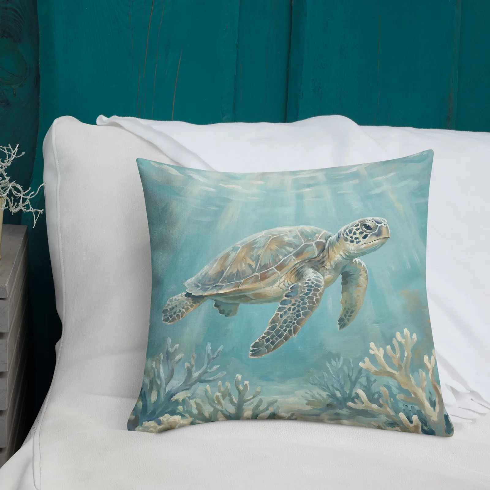 Sea Turtle Throw Pillow: Turquoise Coastal Decor Cushion, photo 4