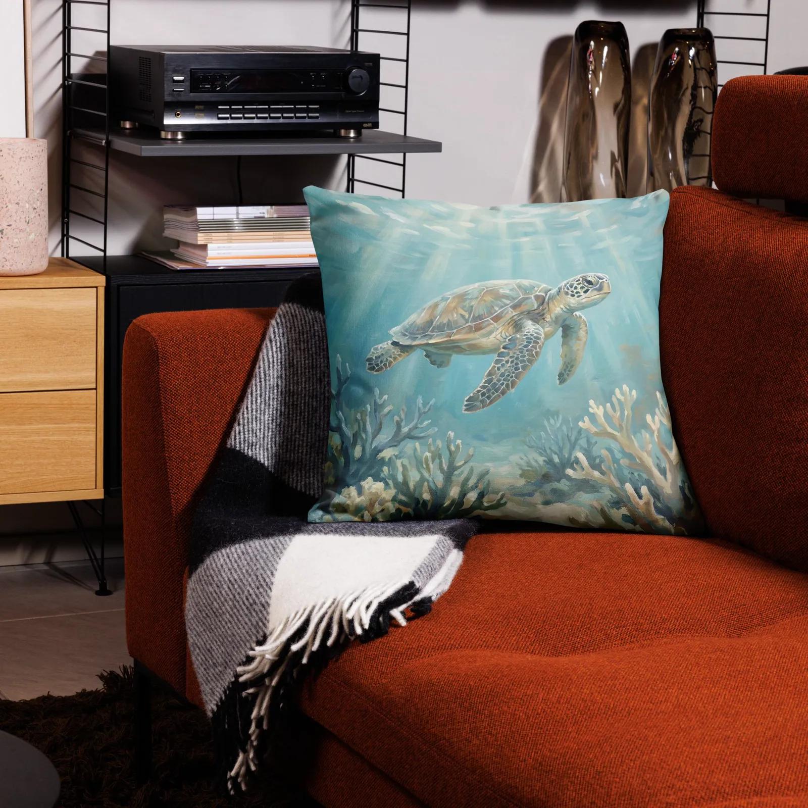 Sea Turtle Throw Pillow: Turquoise Coastal Decor Cushion, photo 7