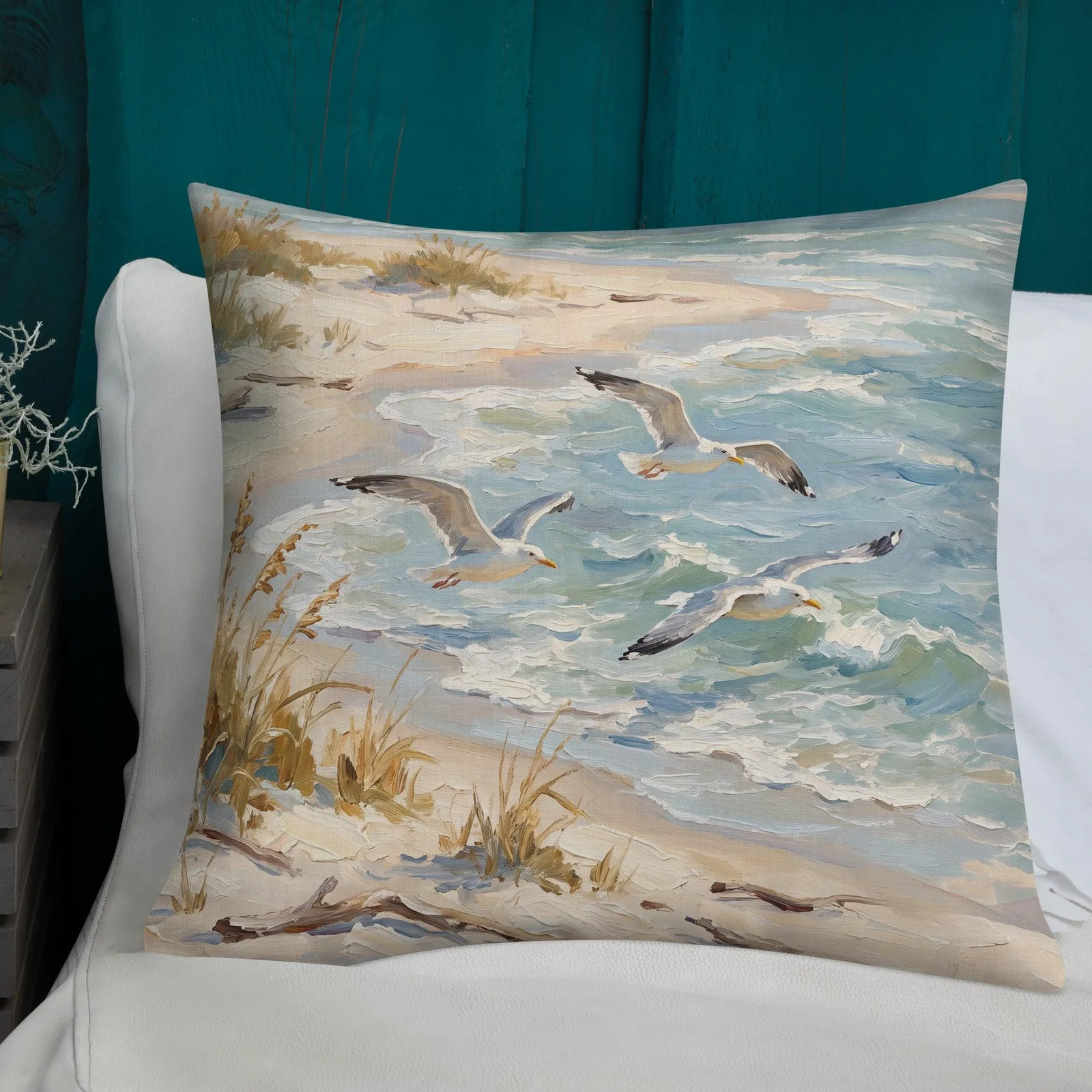 Seagulls Over the Shore Throw Pillow: Coastal Beach Decor Cushion, photo 3