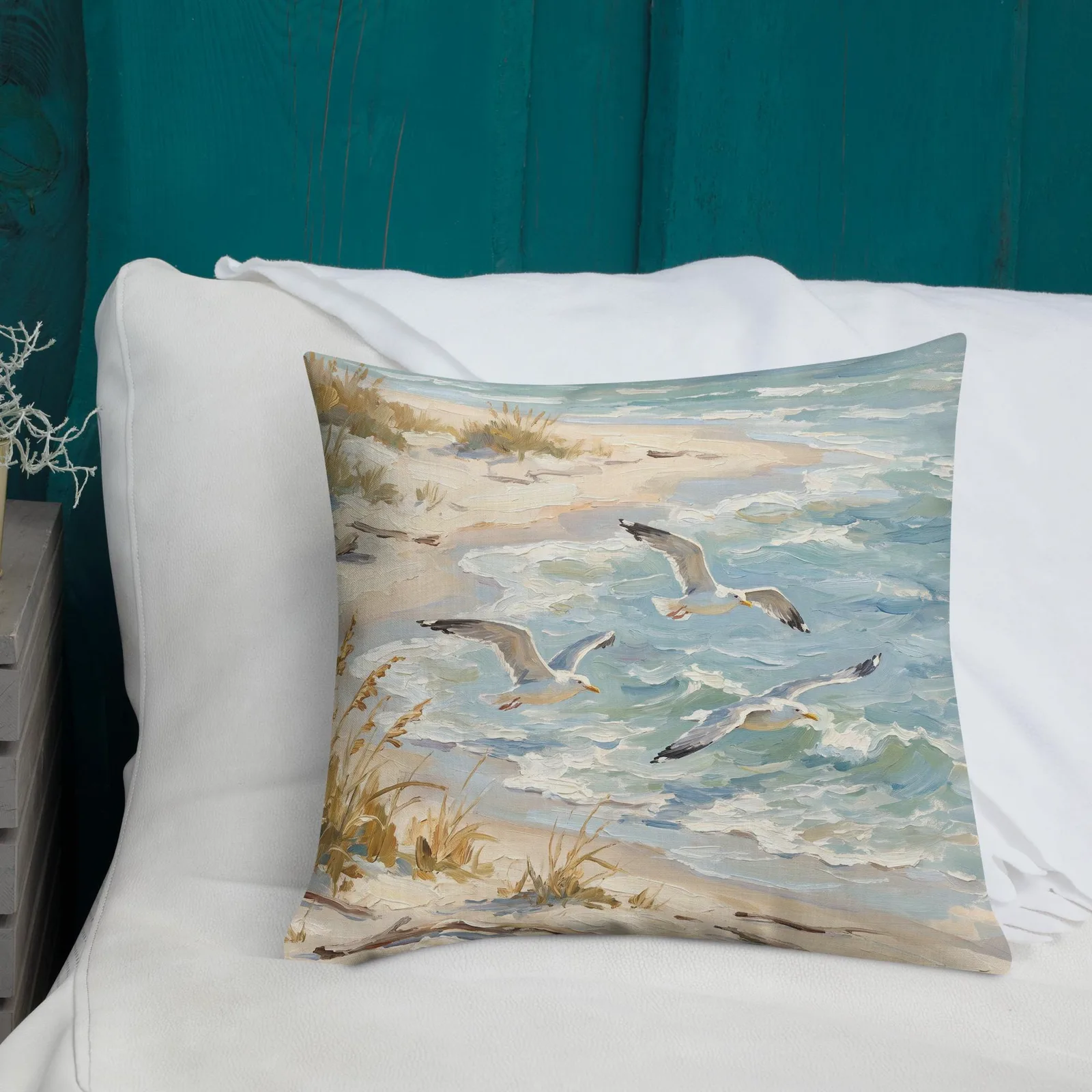 Seagulls Over the Shore Throw Pillow: Coastal Beach Decor Cushion, photo 2