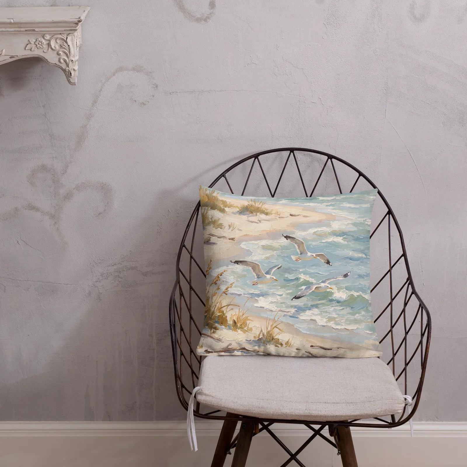 Seagulls Over the Shore Throw Pillow: Coastal Beach Decor Cushion, photo 4