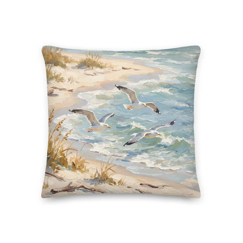 Seagulls Over the Shore Throw Pillow: Coastal Beach Decor Cushion