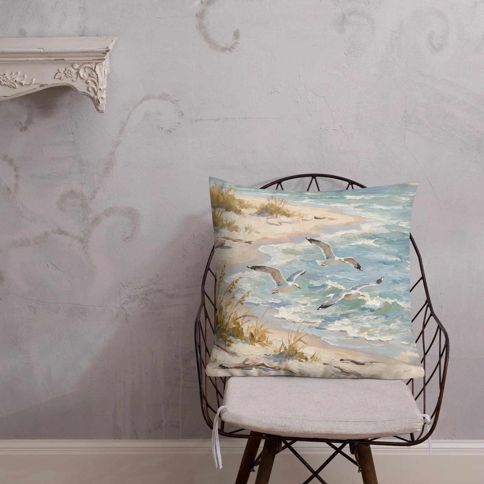 Seagulls Over the Shore Throw Pillow: Coastal Beach Decor Cushion, photo 5