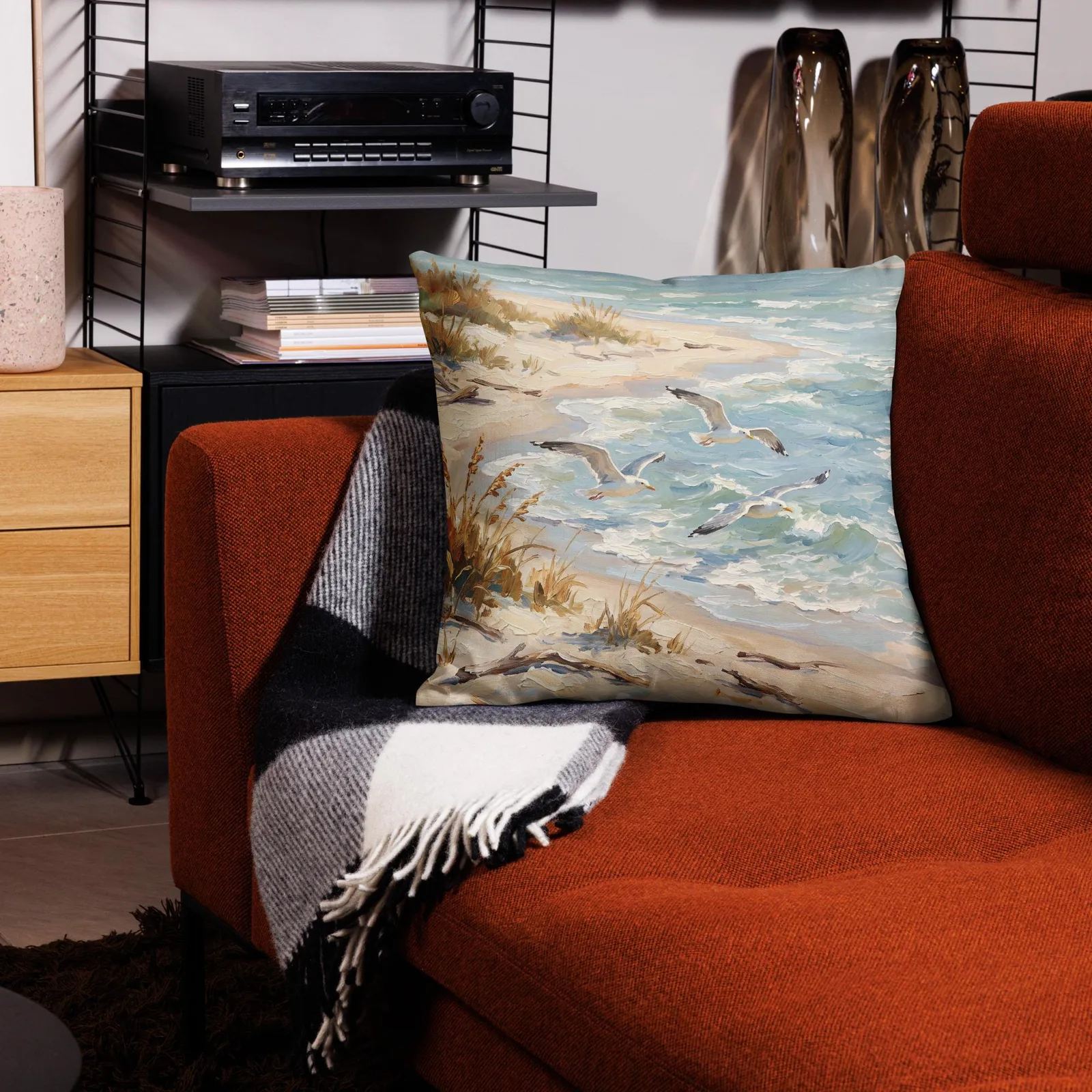 Seagulls Over the Shore Throw Pillow: Coastal Beach Decor Cushion, photo 9