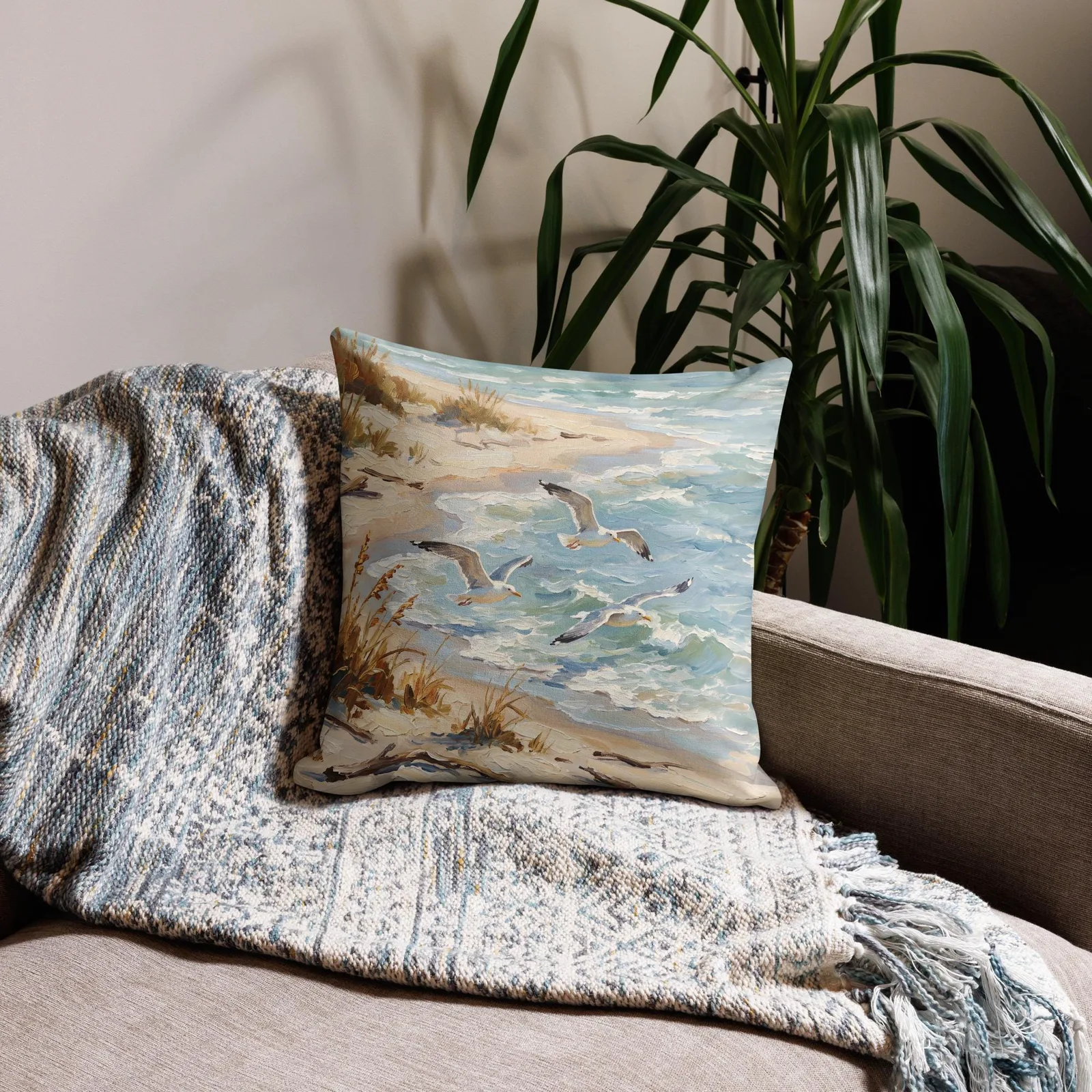 Seagulls Over the Shore Throw Pillow: Coastal Beach Decor Cushion, photo 6