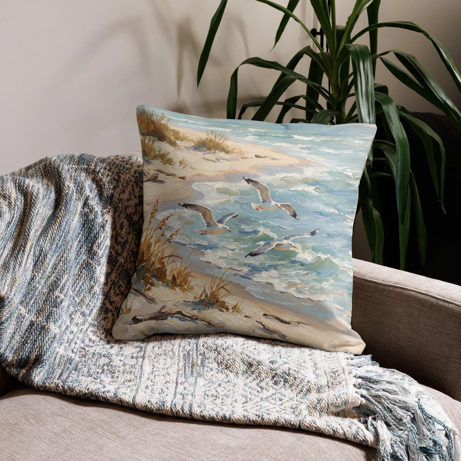 Seagulls Over the Shore Throw Pillow: Coastal Beach Decor Cushion, photo 7