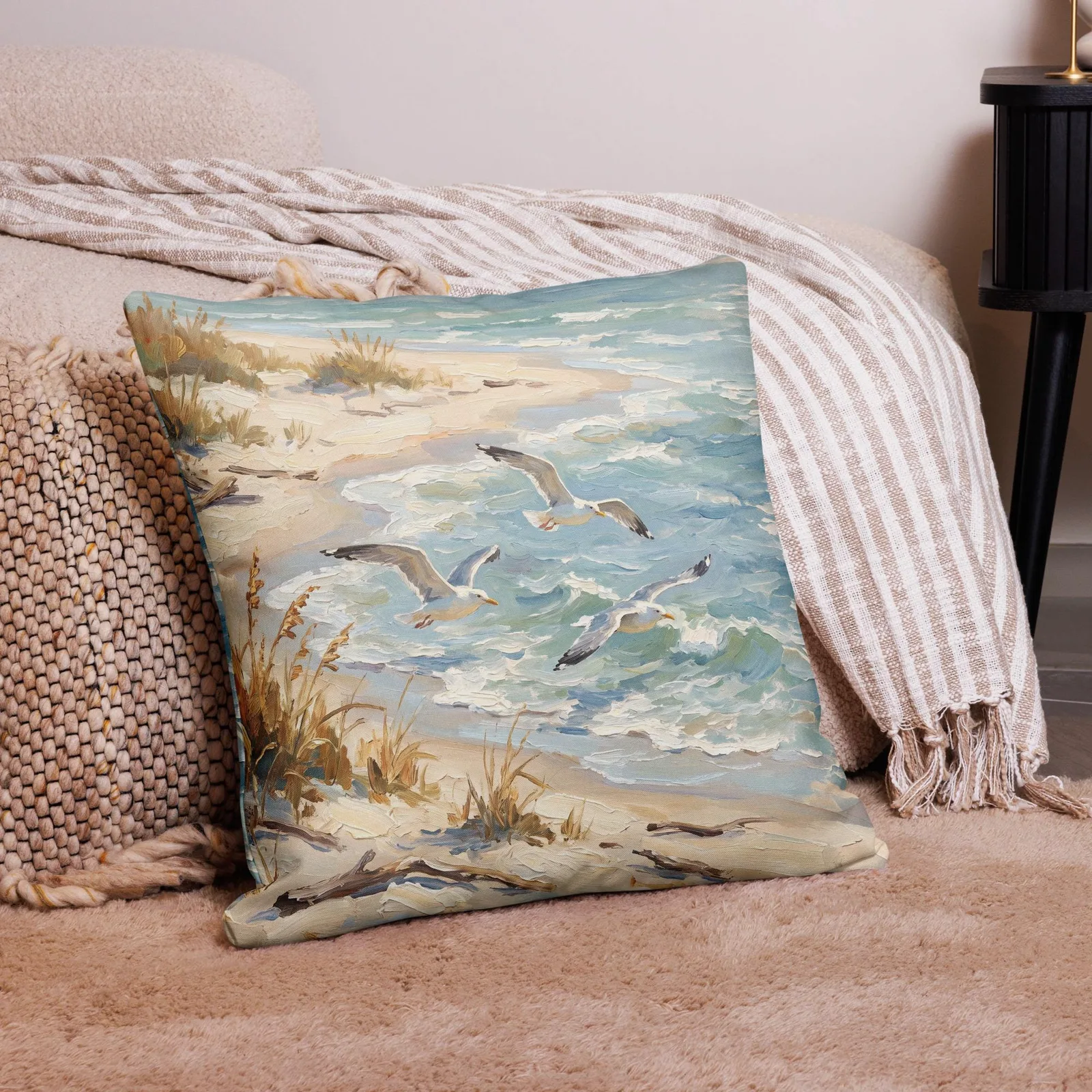 Seagulls Over the Shore Throw Pillow: Coastal Beach Decor Cushion, photo 10